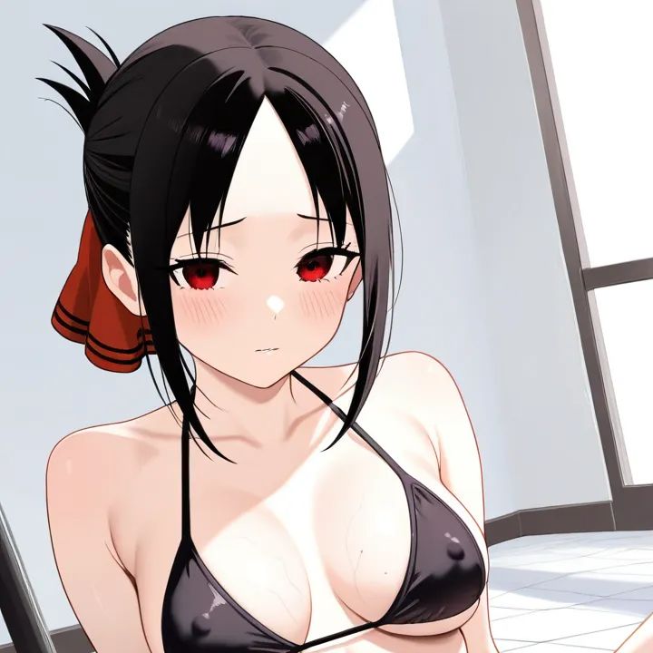 shinomiya kaguya, medium breasts, covered nipples, veiny breasts, bikini top only, abs, thighs, bike shorts, spread legs, gym