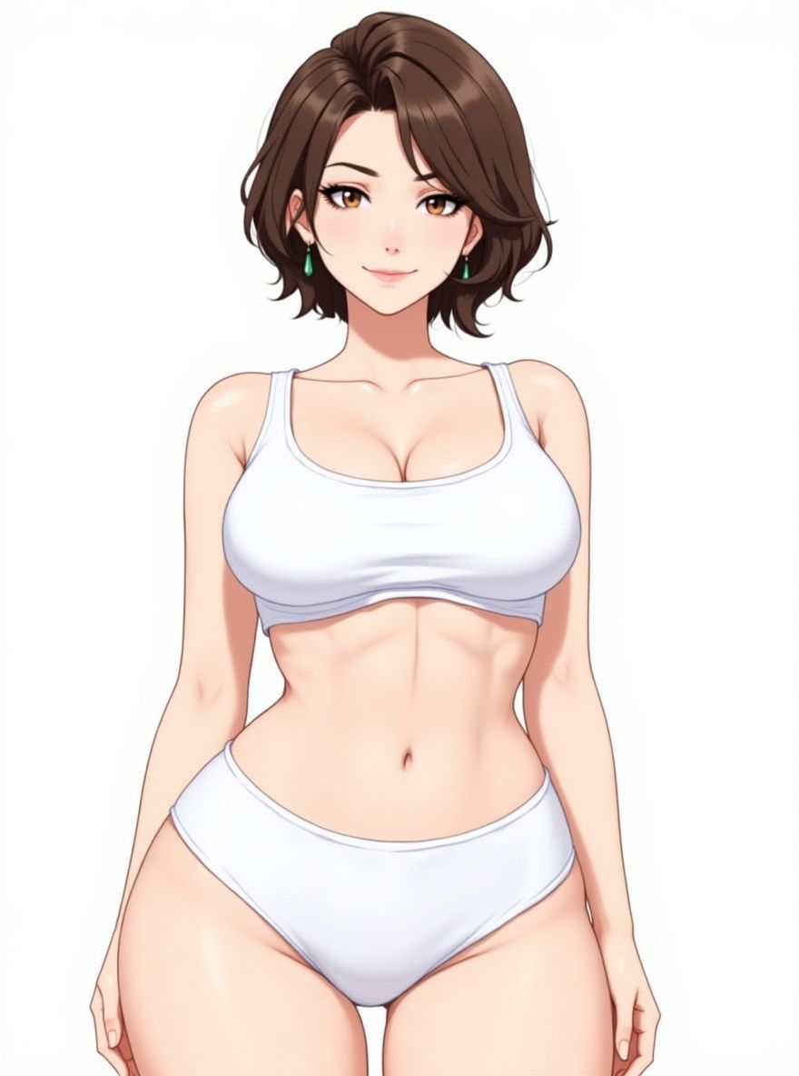 1girl, Jujutsu Kaisen style, original character, mature, curvy, large breasts, thick thighs, brown hair, brown eyes, white two-piece bikini, single character, full body, looking at viewer, anime style, simple background, white background