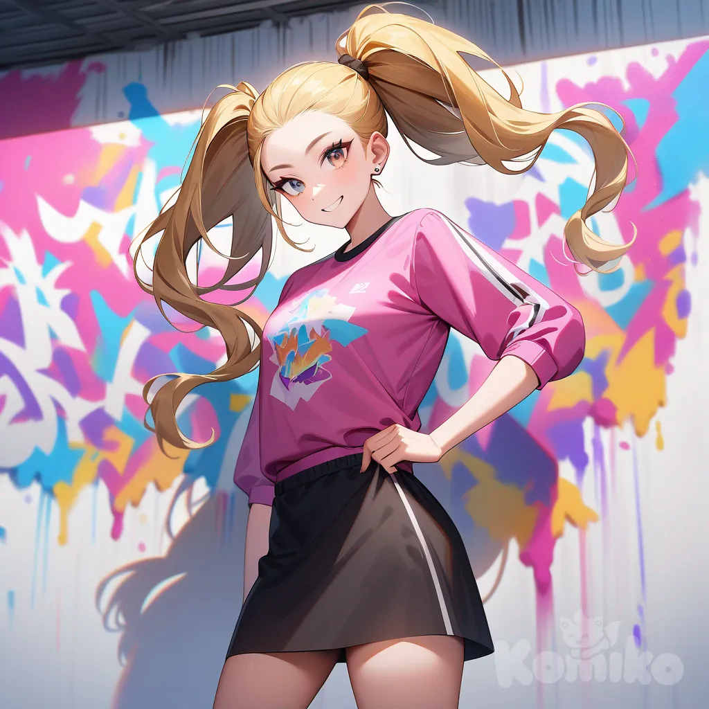 A full-length photograph shows a young, athletic woman with long, vibrant blonde hair tied back in pigtails. Her brown eyes radiate confidence with a radiant smile, dressed in a black miniskirt and a pink blouse; her piercing blue eyes and long, lustrous hair immediately draw attention. Against a backdrop of pristine white walls adorned with colorful graffiti reading "Luis Arcy," a vibrant rainbow-colored treble clef lies at her feet, lending a whimsical charm. Soft, warm lighting bathes the scene, casting subtle reflections on her features and the graffiti, enhancing the modern, sleek atmosphere of the photograph. The walls are lightly textured, giving the graffiti a three-dimensional vibrancy.