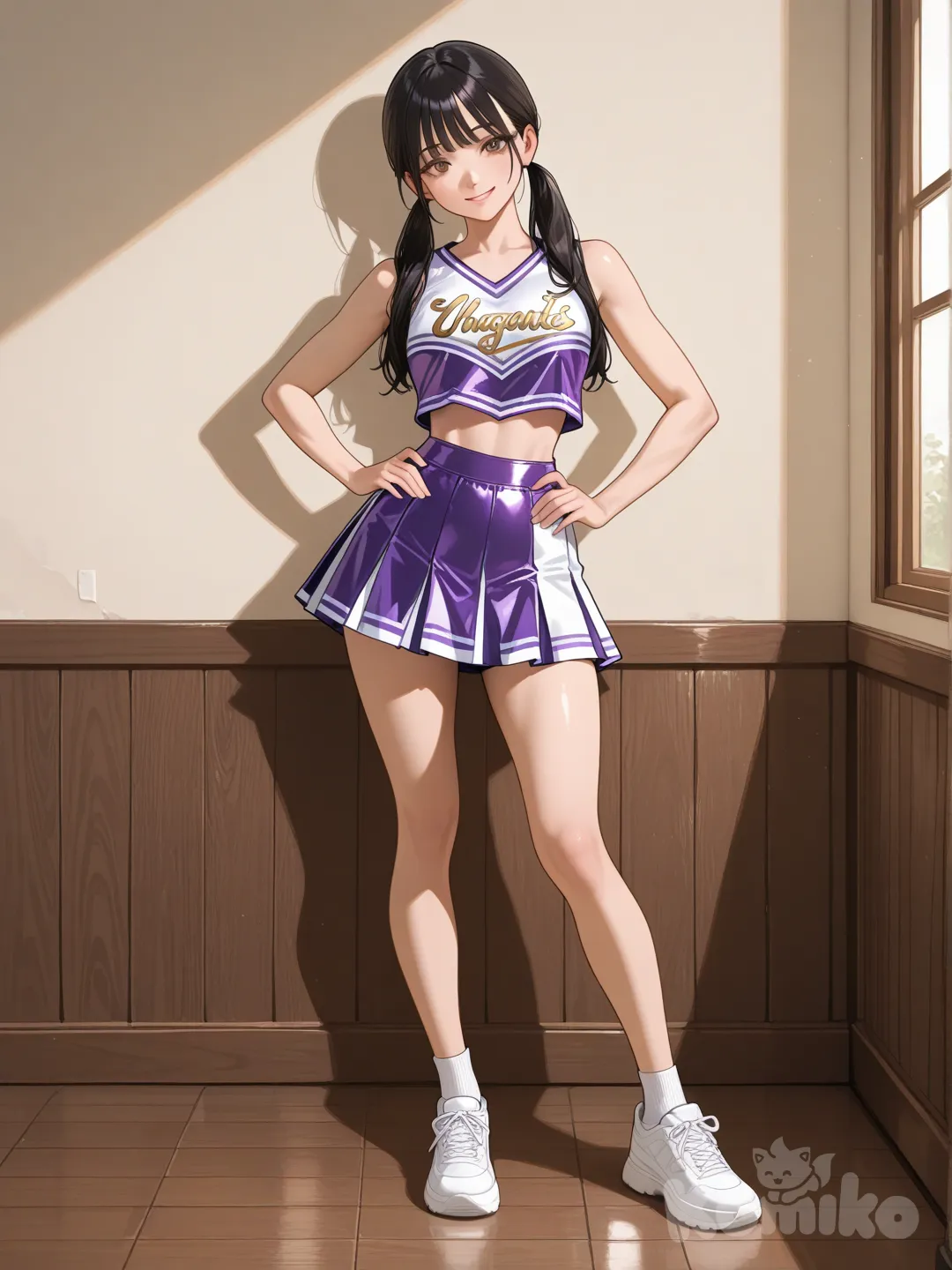 An ultra-photograph shows a full-length athletic young woman de 25 años, hermosa, con un cuerpo realista. with long, vibrant black hair in pigtails. Her brown eyes radiate confidence with a radiant smile cheerleader radiating confidence in a rustic hallway. Standing with her hands firmly on her hips, elbows apart, and a radiant smile, she tilts her head, revealing a striking latex cheerleader outfit with the word "Arcy" emblazoned across the chest. The outfit, a bright blue crop top and a high-waisted purple pleated miniskirt with bold stripes, contrasts sharply with the hallway's weathered wooden walls, while her straight-cut black hair with bangs. At her feet, the text "Luis Arcy" and golden musical notes add a touch of elegance and mystery.