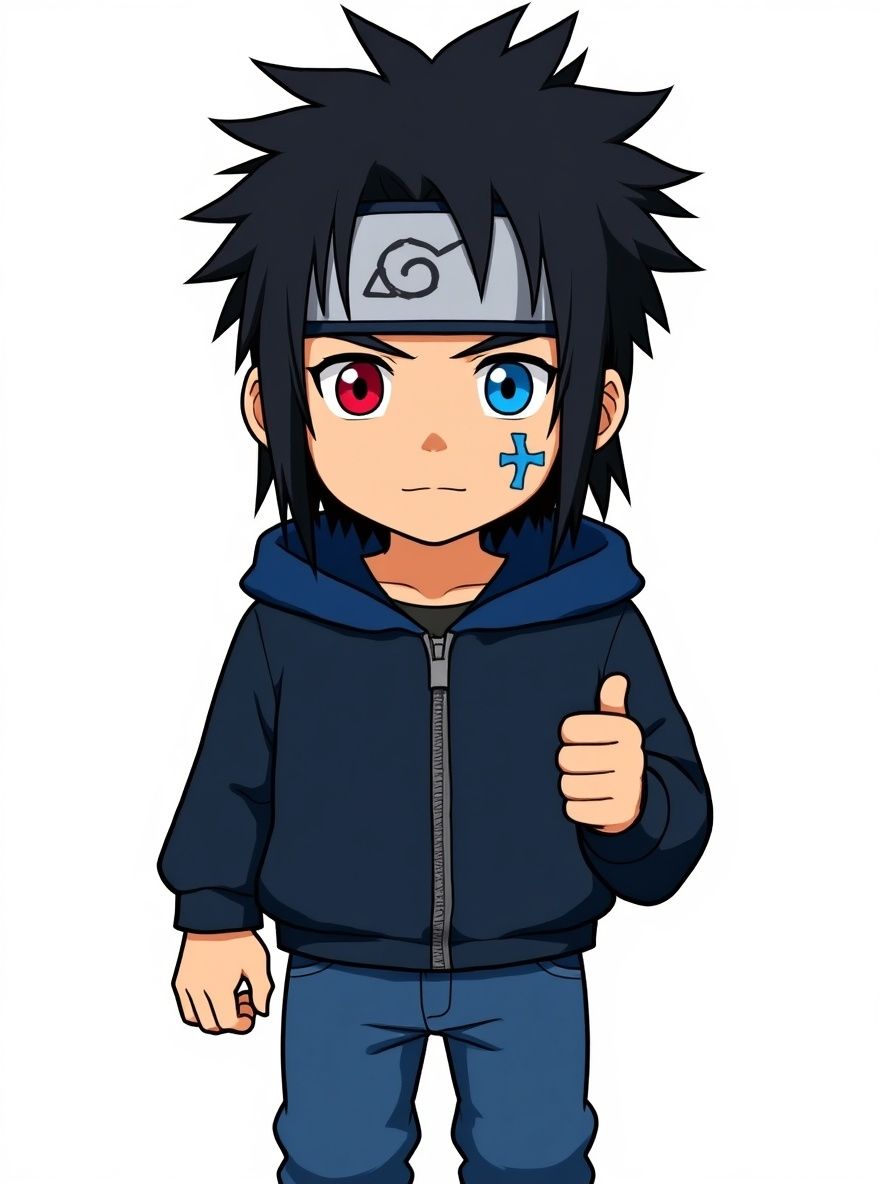 1boy, original character in the world of Naruto, Naruto style, anime coloring, teenager, athletic build, tan skin, frizzy black hair, heterochromia one red eye one blue eye, facial scar on cheek, leather jacket, jeans, single character, full body, looking at viewer, anime style, simple background, white background