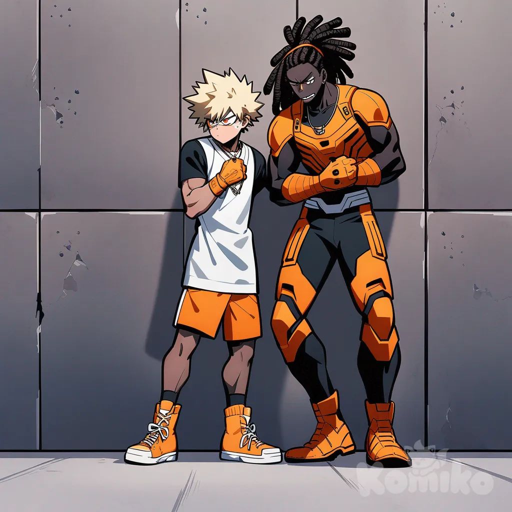 Katsuki bakugo hugging,1male, my hero academia style, teenager, tall, athletic, muscular, dark black skin, long hair, blonde hair, dreadlocks, ponytail, orange eyes, crying, angry, agents wall, futuristic black and orange full body armor, futuristic back and orange knuckle gloves, futuristic black an orange boots, necklaces, futuristic black and orange Punk goggles on head, background ally way, daytime