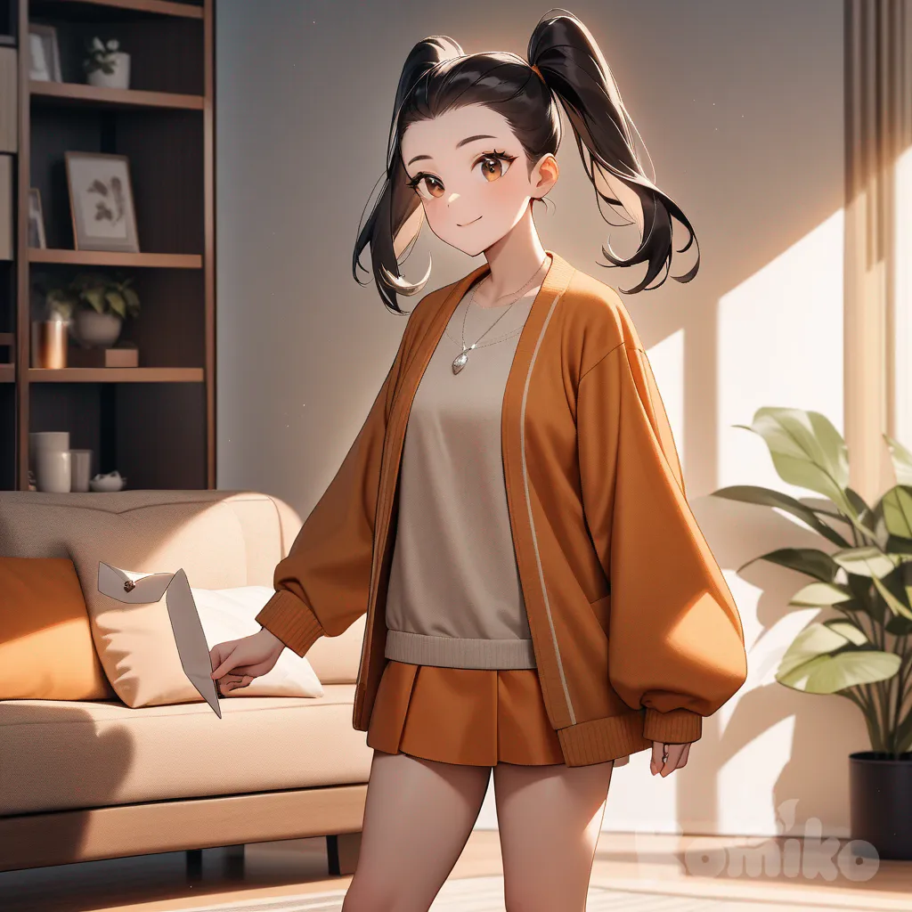 The photo shows a full-length athletic young woman with long, vibrant black hair pulled back in pigtails. Her brown eyes radiate confidence with a radiant smile. Standing next to a sofa in a warmly shaded living room, she elegantly rocks a light, loose, and cozy orange outfit whit miniskirt. A delicate silver letter A necklace rests on her chest as she holds an ethereal, glowing red heart, crafted from shimmering strands of light. Golden musical notes gracefully ascend from the floor, intertwining with the elegant text "Luis Arcy," all bathed in soft ambient lighting against a backdrop of luxurious velvet curtains, boasting highly 8k quality, smooth skin, and dark mascara.