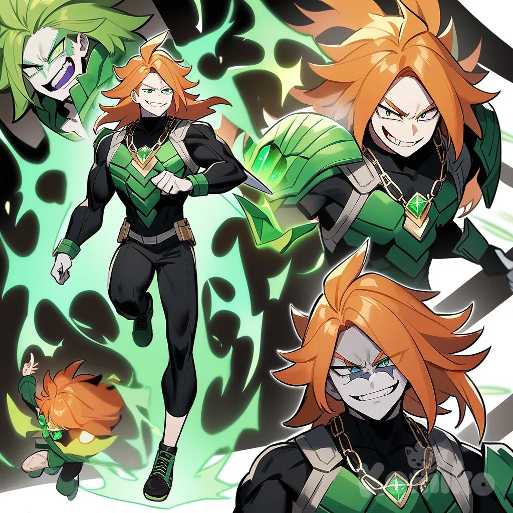 1Male, my heir academia, teenager, tall, athletic, muscular, pale skin, green eyes with slits, black irises, evil smile, madness, long hair, orange hair, swoop side hair, scars, glowing Green crystal on shoulder, futuristic black and green full body armor, knee-high futuristic black and green boots, glowing green crystal necklaces, glowing green crystal knuckle gloves, background abandoned warehouse, nighttime, looking at viewer