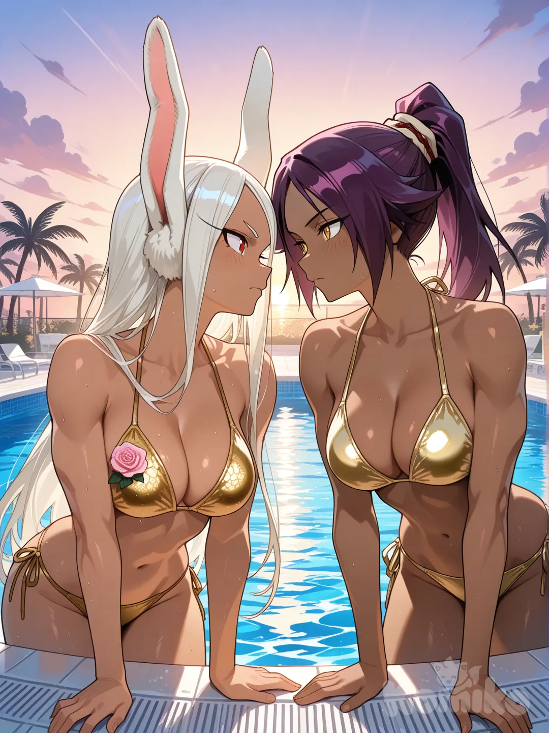 no nonsense, very aesthetic, 8k, shihouin yoruichi, mirko, View confrontaion front, gold pinkrose bikini sunset summer, pool