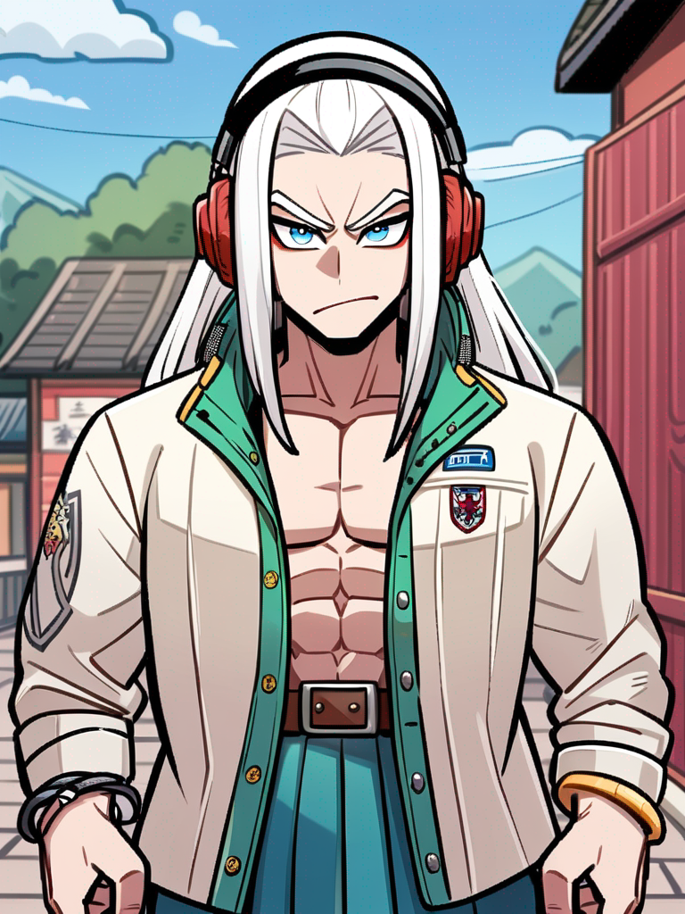 1boy, cartoon, vampire, Marvel style, superhuman, original character in the Marvel universe, Demon Slayer style, original character in the world of Demon Slayer, teenager, muscular, tall, stocky, straight hair, white hair, blue eyes, dimple, fair skin, outdoor adventure jacket, school uniform, bracelet, headphones, single character, upper body, looking at viewer, anime style, simple background, white background
