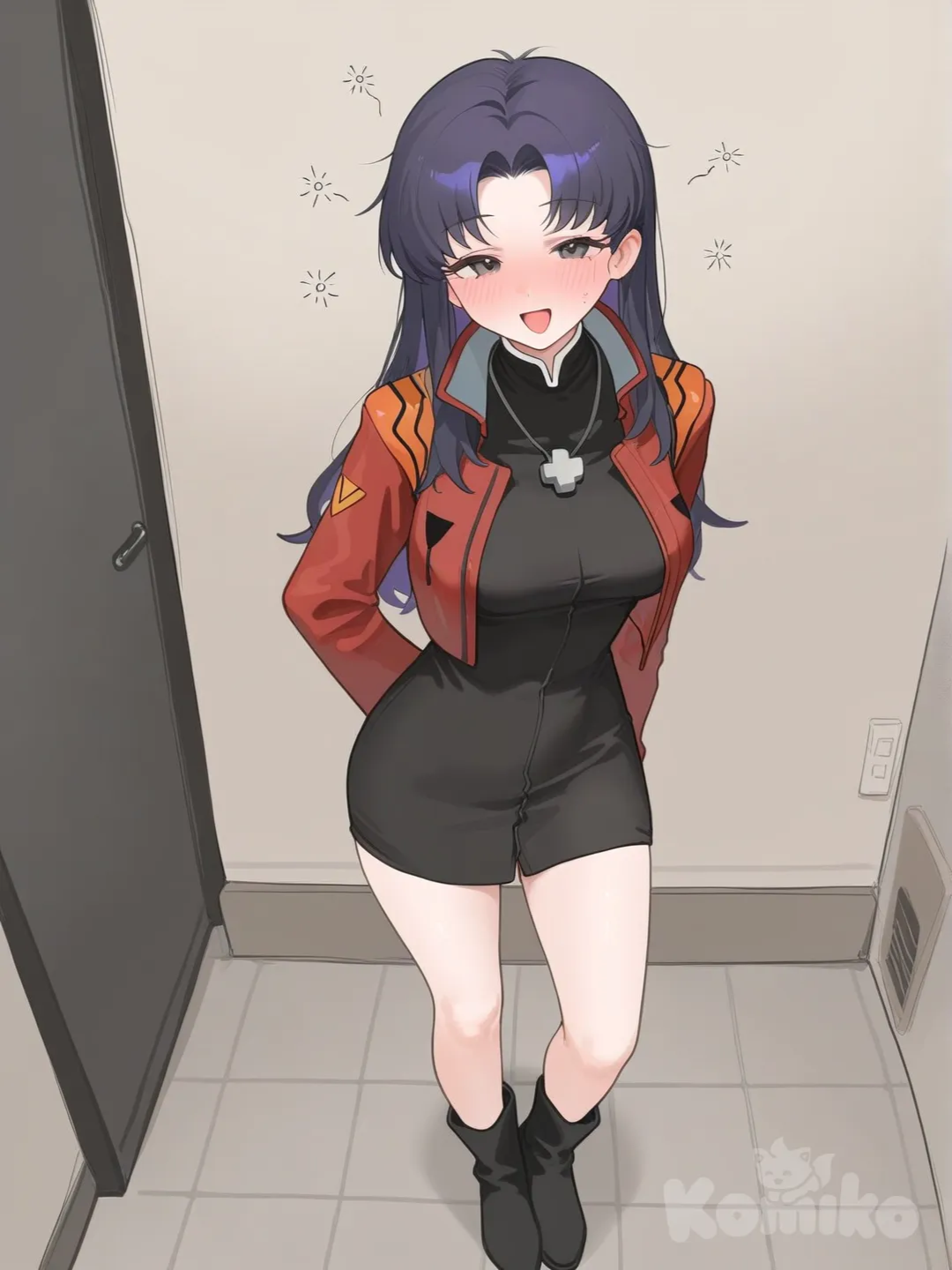katsuragi misato, neon genesis evangelion, purple hair, black dress, red jacket, black boots, apartment, drunk, happy, standing, full body view, looking at viewer