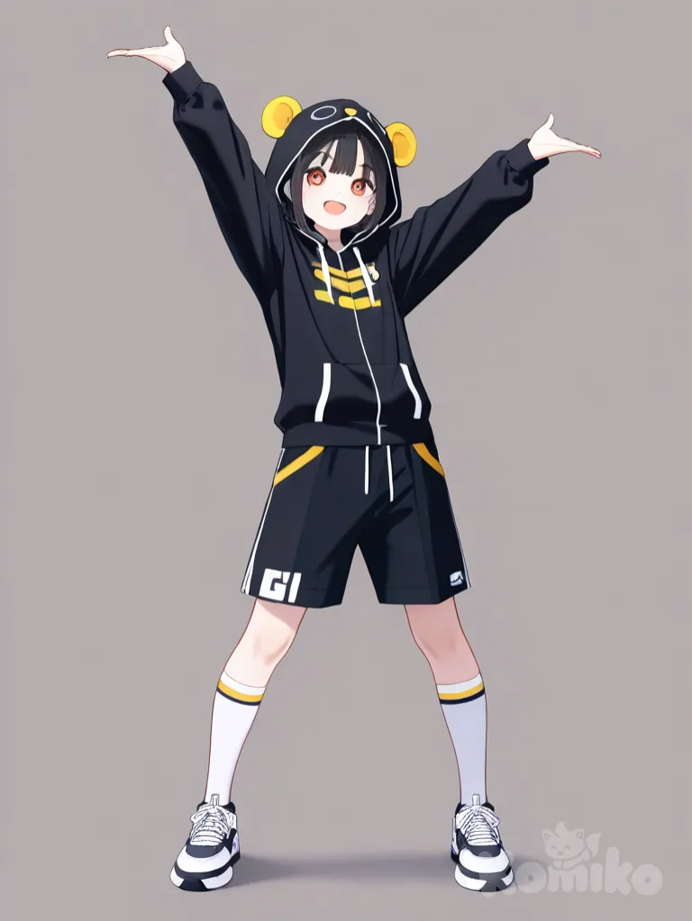 đeo kính trắng, dancing, hoodie, 1girl