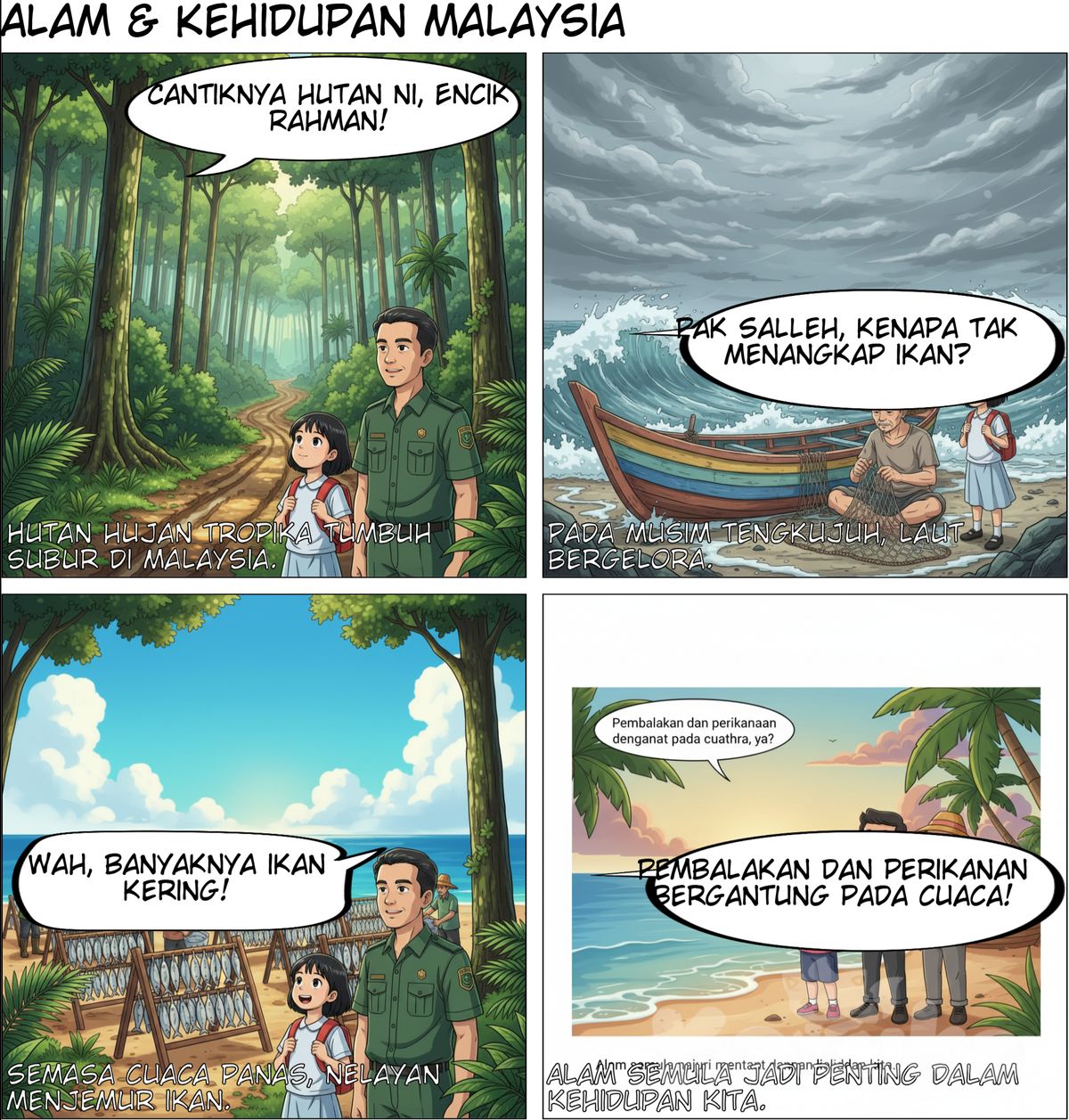 TITLE: Pembalakan dan Perikanan di Malaysia
STYLE: Educational Malaysian comic, bright tropical color palette, clean line art, soft shading.
ENVIRONMENT: Sunny tropical Malaysia — rainforest and seaside village.
LAYOUT: One page, 4 vertical columns (panels).
LIGHTING: Natural daylight, warm and soft.
TONE: Friendly, informative, for school students.

[PANEL 1: HUTAN TROPIKA - PEMBALAKAN]

SCENE DESCRIPTION:
Dense tropical rainforest with tall trees like cengal and meranti. A muddy logging road in the background. Shasha (student) and Encik Rahman (forestry officer) stand near the trees.
LIGHTING: Bright morning sunlight filtering through leaves.
CHARACTERS: Shasha, Encik Rahman.
DIALOGUE:
Narrator: Suhu tinggi dan hujan banyak menyebabkan hutan hujan tropika tumbuh subur di Malaysia.
Shasha: Cantiknya hutan ni, Encik Rahman!
Encik Rahman: Ya, Shasha. Tapi pembalakan sukar semasa musim tengkujuh sebab jalan licin dan bahaya tanah runtuh.

[PANEL 2: PANTAI NELAYAN - MUSIM TENGKUJUH]

SCENE DESCRIPTION:
A small fishing village by the sea. Waves look rough from the monsoon. Pak Salleh sits near a wooden boat fixing a fishing net. Shasha stands nearby watching.
LIGHTING: Cloudy and windy, soft grey light.
CHARACTERS: Shasha, Pak Salleh.
DIALOGUE:
Narrator: Pada musim tengkujuh, laut bergelora dan nelayan tidak turun ke laut.
Shasha: Pak Salleh, kenapa tak menangkap ikan hari ni?
Pak Salleh: Laut bergelora, Shasha. Sekarang kami baiki pukat dulu.

[PANEL 3: PINGGIR PANTAI - CUACA PANAS]

SCENE DESCRIPTION:
Same fishing village but now sunny. Fishermen are drying fish on racks under the sun. The sea is calm and bright.
LIGHTING: Warm afternoon sunlight, clear blue sky.
CHARACTERS: Shasha, Pak Salleh.
DIALOGUE:
Narrator: Semasa cuaca panas, nelayan menjemur ikan di darat.
Shasha: Wah, banyaknya ikan kering!
Pak Salleh: Ini untuk dijual bila musim hujan nanti.

[PANEL 4: PENUTUP - PERSISIR PANTAI TENANG]

SCENE DESCRIPTION:
Shasha, Encik Rahman, and Pak Salleh stand together looking at the calm sea and clear sky. Gentle sunlight, peaceful scene.
LIGHTING: Golden evening glow.
CHARACTERS: Shasha, Encik Rahman, Pak Salleh.
DIALOGUE:
Shasha: Rupa-rupanya pembalakan dan perikanan bergantung pada cuaca, ya?
Encik Rahman: Betul, Shasha. Alam semula jadi penting dalam kehidupan kita.
Narrator: Musim tengkujuh = Musim hujan lebat di Malaysia.