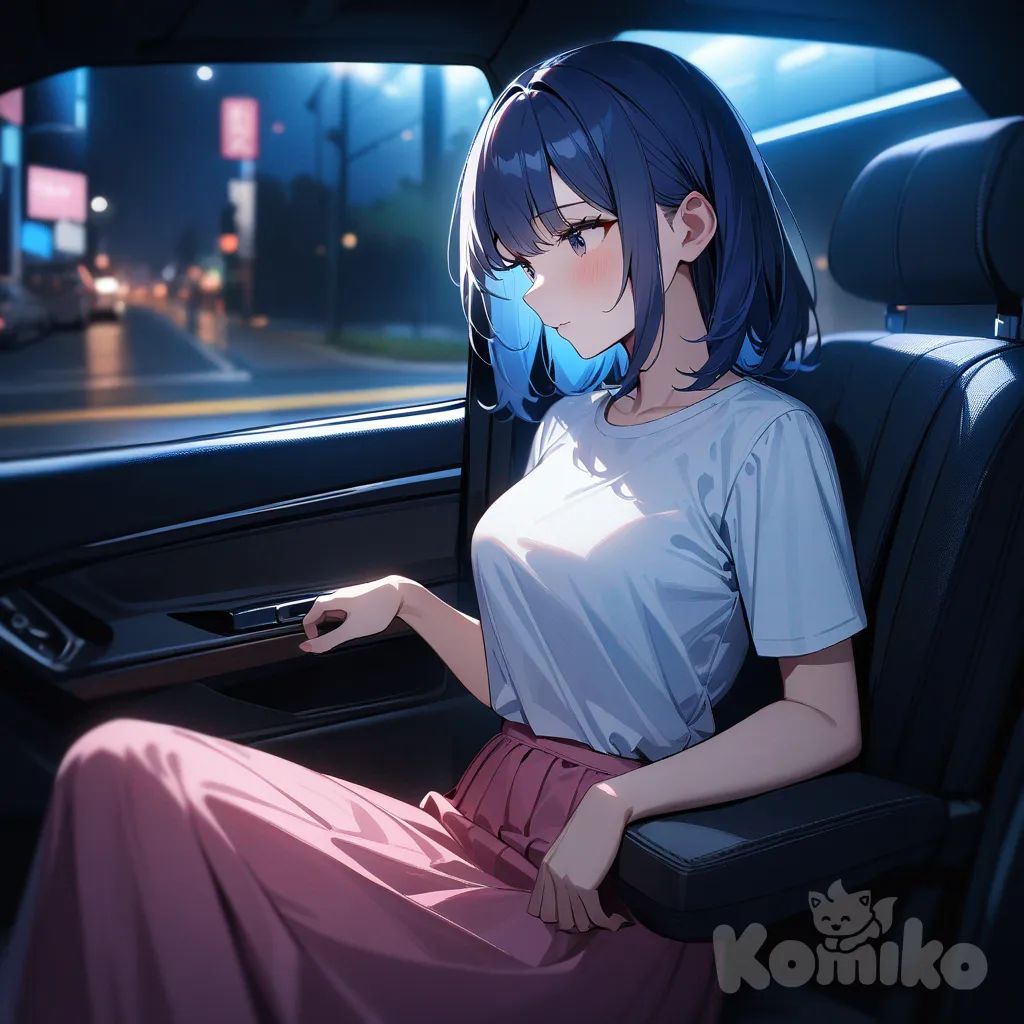 1girl,solo,cowboy shot,blue hair,upper body,car,Sitting in a seat,at midnight,medium breasts,White t-shirt, pink long skirt