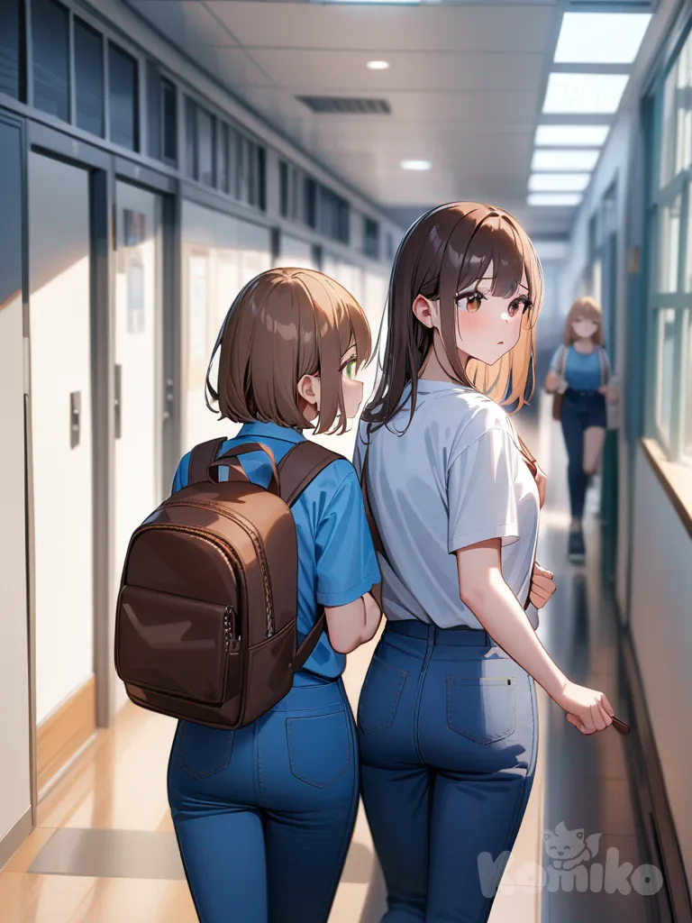 two girls walking side by side, blue jeans and white button up t-shirt, green eyes, long brown hair, puppy sticking their head out of her back pack, blue jeans, navy blue shirt, medium brown hair, brown eyes, puppy sticking their head out of her backpack, walking through school hallway