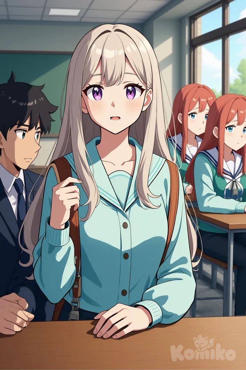 Beautiful top student girl, she walk into the classroom, classmates whispering, anime style, bright focus on her.
