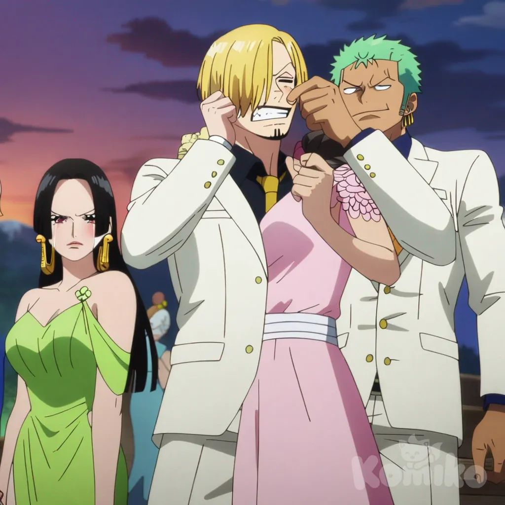 3people, 2boys, 1girl, Roronoa Zoro, Sanji (One Piece), Boa Hancock, anime coloring, realistic, anime screencap, wiping tears, angry, smile, blush, crying, smirk, holding sword, holding gun, face pinching, suit, evening dress, diamonds, jewelry, angle wings, neon green, cityscape, grassland, twilight, full body
