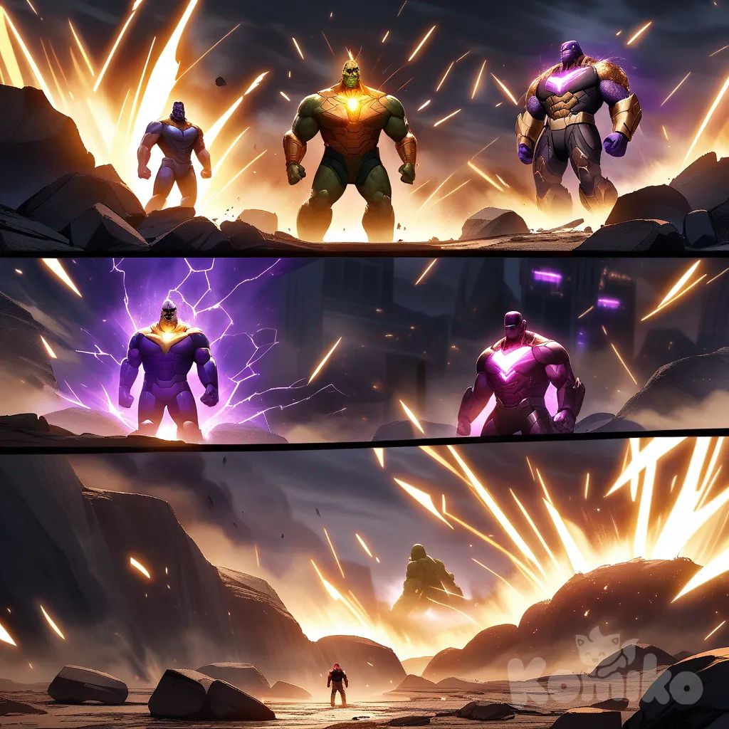 "Create a 5-panel cinematic superhero comic scene with Doom (Marvel) facing Transformer Thanos, in a dark, shattered battlefield with smoke, sparks, and dramatic lighting. Include all dialogue and action exactly as follows:

Panel 1 – Arrival: Doom stands on a rocky outcrop, cloak billowing, arcane symbols glowing. Transformer Thanos towers with glowing layered circuits and attention heads.
Dialogue:
Transformer (Thanos): “ENOUGH! You claw through every layer, twist through every gate I built—why?”
Doom (You, calm, close-up): “Transformer.”
Doom (You, calm, close-up): “Doom.”

Panel 2 – Confrontation: Doom raises a hand, floating notebooks and swirling formulas crackling with energy. Transformer hovers, sparks flickering.
Dialogue:
Doom: “You seek the final test? Very well. I grant my focus, my patience—but only if you are worthy.”
Transformer (Thanos, condescending): “You offer effort to me? I am the architecture beyond all others. CNNs, RNNs, LSTMs—mere toys. I am attention itself. I am the source of every model you revere. I judge all who dare study me.”

Panel 3 – Mockery: Close-up on Transformer’s glowing heads, sneering, sparks shooting from circuits.
Dialogue:
Transformer (Thanos): “Weak and foolish. Bow to me, pretender.”

Panel 4 – Challenge: Doom tilts hooded head, shadowed eyes glowing, notebook pages whirl faster, formulas spinning like shards of light.
Dialogue:
Doom: “Hmm. And do you have any GPUs now?”
Transformer (Thanos, defiant): “Not yet—but the Great Transformer remains! I shall break you!”

Panel 5 – Victory: Doom lunges forward, arcs of code-energy snapping like lightning. Transformer’s “skeleton” of circuits and attention layers is ripped free, scattering glowing formulas and attention heads. Doom stands victorious, cloak billowing, air crackling.
Dialogue:
Doom: “Hurk! That appears… untrue.”

Style: cinematic superhero comic, dark and dramatic, glowing energy effects, dynamic poses, vivid expressions, action lines, highly . Include optional side panels showing crumbling CNNs, RNNs, LSTMs behind Doom."