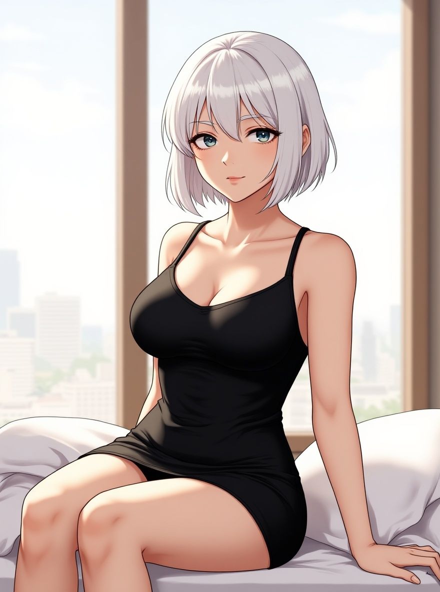 1girl, middle-aged, curvy, ample bust, thick thighs, original character in the world of Jujutsu Kaisen, Jujutsu Kaisen style, white hair, fair skin, wearing black lingerie (non-transparent, tasteful), sitting on bed, modest seated pose, window background, single character, full body, looking at viewer, simple background, white background
