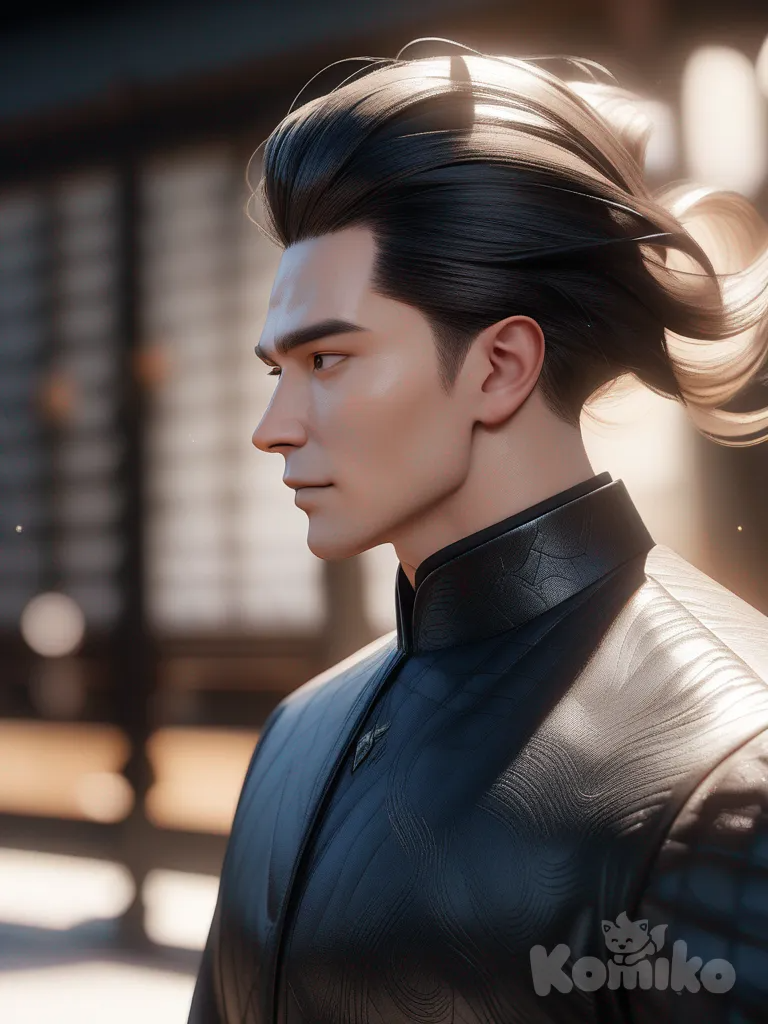 “Generate an image: This image features a glass-like texture with a distinctive streamlined brush effect, creating an artistic aesthetic. The subject is a handsome man with 3D-quality detail. His black, fluffy hair stands out, delicate and glossy. His hairstyle is a combination of a lightly parted top and slicked-back style, with messy strands that give off a sexy tension. His eyes are sharp, with defined lashes and raised brows, while his fair, smooth skin has subtle texture. He is wearing a white shirt with a black suit, his black tie loosened, clothes disheveled, and his shirt collar askew. The shot is a close-up of his face from a slightly above angle, looking straight at the camera. He grips his tie with his left hand, pulling it leftward, twisting the shirt collar. The image is photorealistic in style, lit with natural light that enhances its texture, evoking a melancholic mood. The aspect ratio is 9:16.”