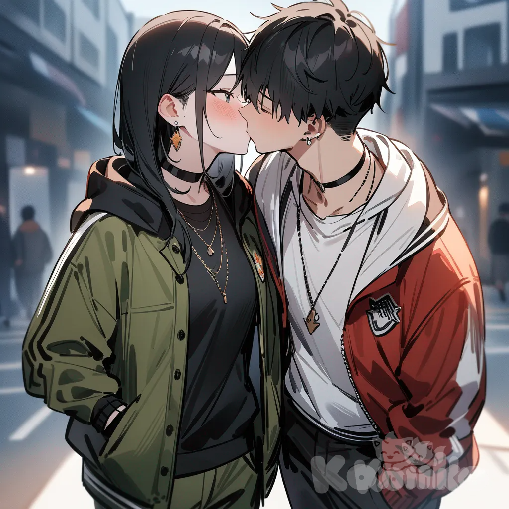 2boys, line sketch, kissing, blush, hoodie, varsity jacket, cargo pants, necklace, choker, earrings, charcoal black