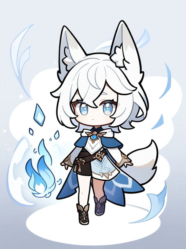 1girl, Genshin Impact chibi style, original character, teenager, slim, white hair, blue eyes, fair skin, mage outfit, cloak outfit, white fox ears, white fox tail, blue and white and gray main color palette, directed view, magic elemental, single character, full body, looking at viewer, anime style, simple background, white background