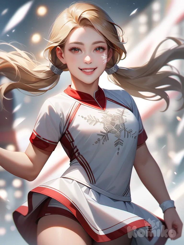 An ultra-photograph shows a full-length athletic young woman de 25 años, hermosa, con un cuerpo realista. with long, vibrant blonde hair in pigtails. Her brown eyes radiate confidence with a radiant smile dressed in a red and white ensemble, with a miniskirt and a snowflake-patterned top. She has a warm smile on her face, and her long, curly hair is adorned with a festive headband. In one hand, she holds a sparkling wand, and in the other, she carries a sack filled with gifts. The background is a magical winter wonderland, with snow-capped trees, twinkling lights, and a cozy, well-lit cottage, Su cabello luce liso y bien definido, con suaves notas musicales y el nombre "Luis Arcy" flotando suavemente alrededor de sus pies reflejando su pasión por la música y el arte. showcasing his exceptional talent and skill in capturing the holiday spirit.