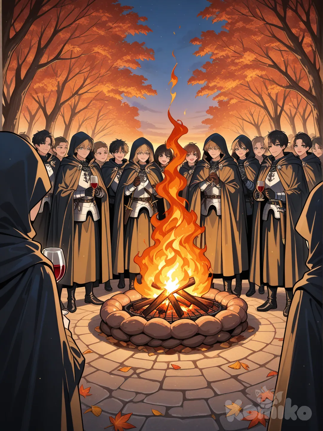 Ilustração aconchegante e festiva do Dia de São Martinho﻿ em Portugal, mostrando uma fogueira tradicional rodeada por pessoas felizes reunidas em volta. Eles estão assando castanhas numa grelha sobre o fogo, enquanto seguram copos de vinho novo, água-pé﻿, e jeropiga﻿. Ao fundo, um cavaleiro romano com uma capa dividida em duas partes, simbolizando o gesto de generosidade de São Martinho ao compartilhar sua capa com um mendigo em um dia frio e chuvoso. A cena transmite um ambiente de solidariedade, calor e celebração da colheita de outono, sob um céu iluminado por um sol suave, representando o 'Verão de São Martinho'.