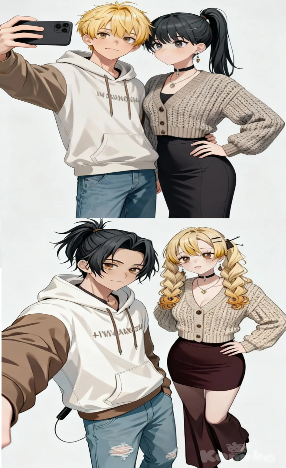 1boy, 1girl, 2people, @hikaru-R83W, @mai-zp9R, selfie, hoodie, knitted cardigan, pencil skirt, wide-leg pants, jeans, high ponytail, charcoal black, blonde hair