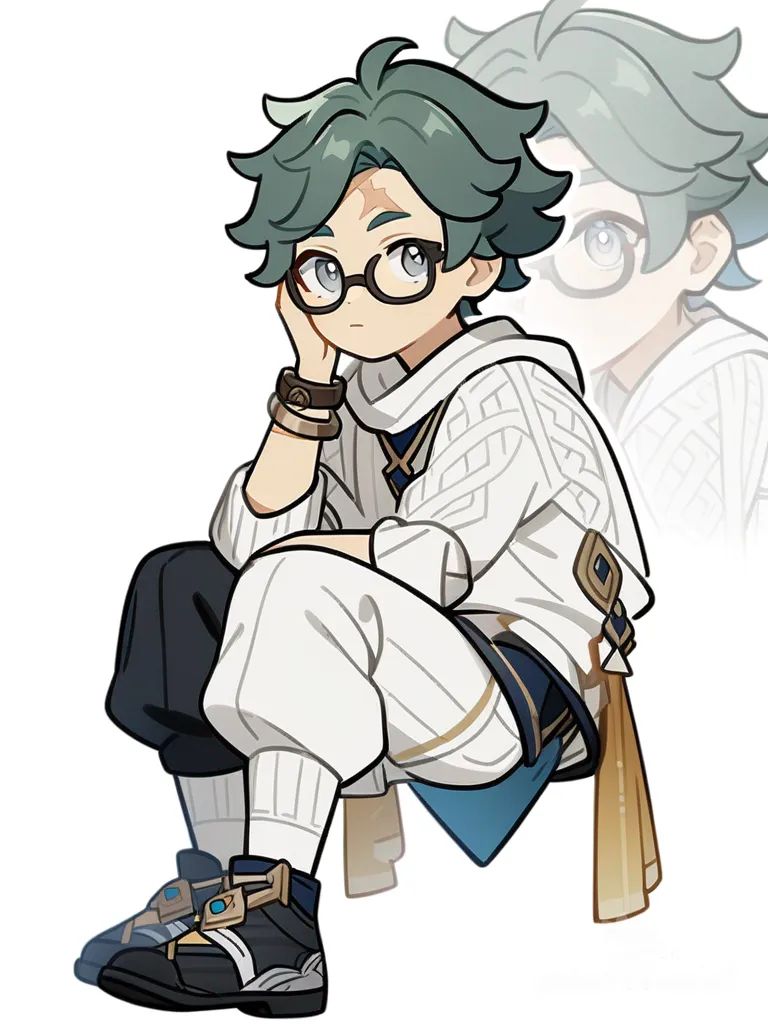 1boy, teenager, slim, olive skin, gray eyes, blue wavy frizzy hair, scar, glasses, bracelet, white baggy sweater, white baggy shorts, anime coloring, original character in the world of Genshin Impact, Genshin Impact style, single character, full body, looking at viewer, simple background, white background