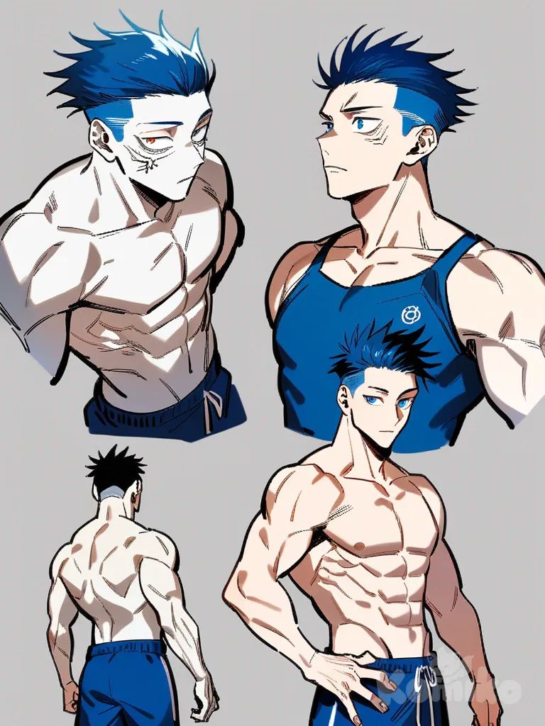 1boy, original character in the world of Jujutsu Kaisen, Jujutsu Kaisen style, around 18 years old, teenager, tall, athletic build, enhanced well-defined musculature, bare-chested, six-pack abs, flat chest, white skin, handsome face, blue hair, undercut, blue eyes, wearing beach shorts, beach background, single character, full body, looking at viewer, anime style, simple background, white background
