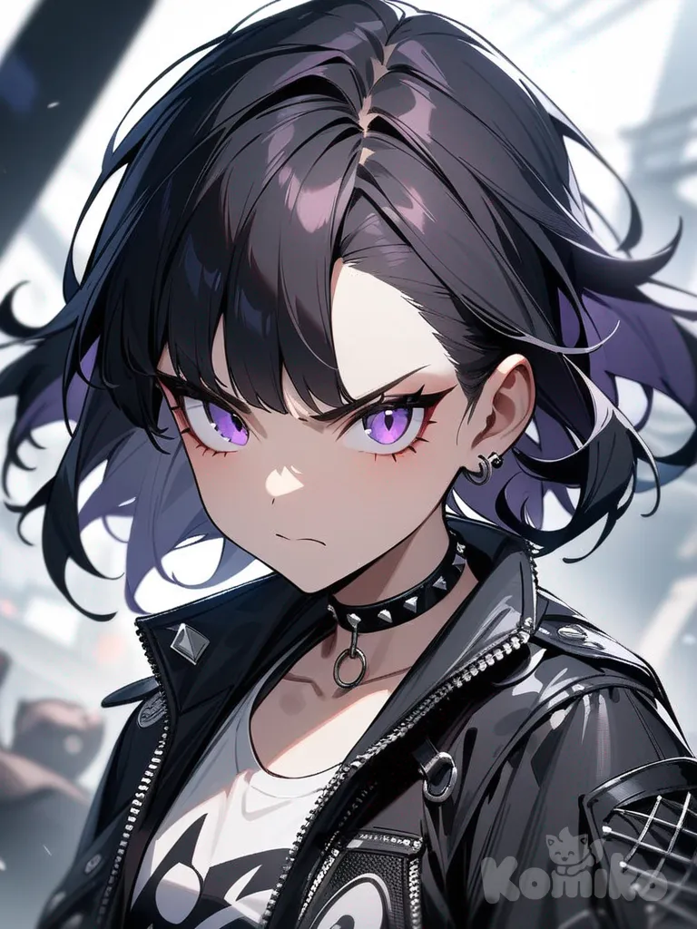 Marnie, Pokémon, solo, jacket, black hair, punk outfit, studded choker, purple eyes, serious expression