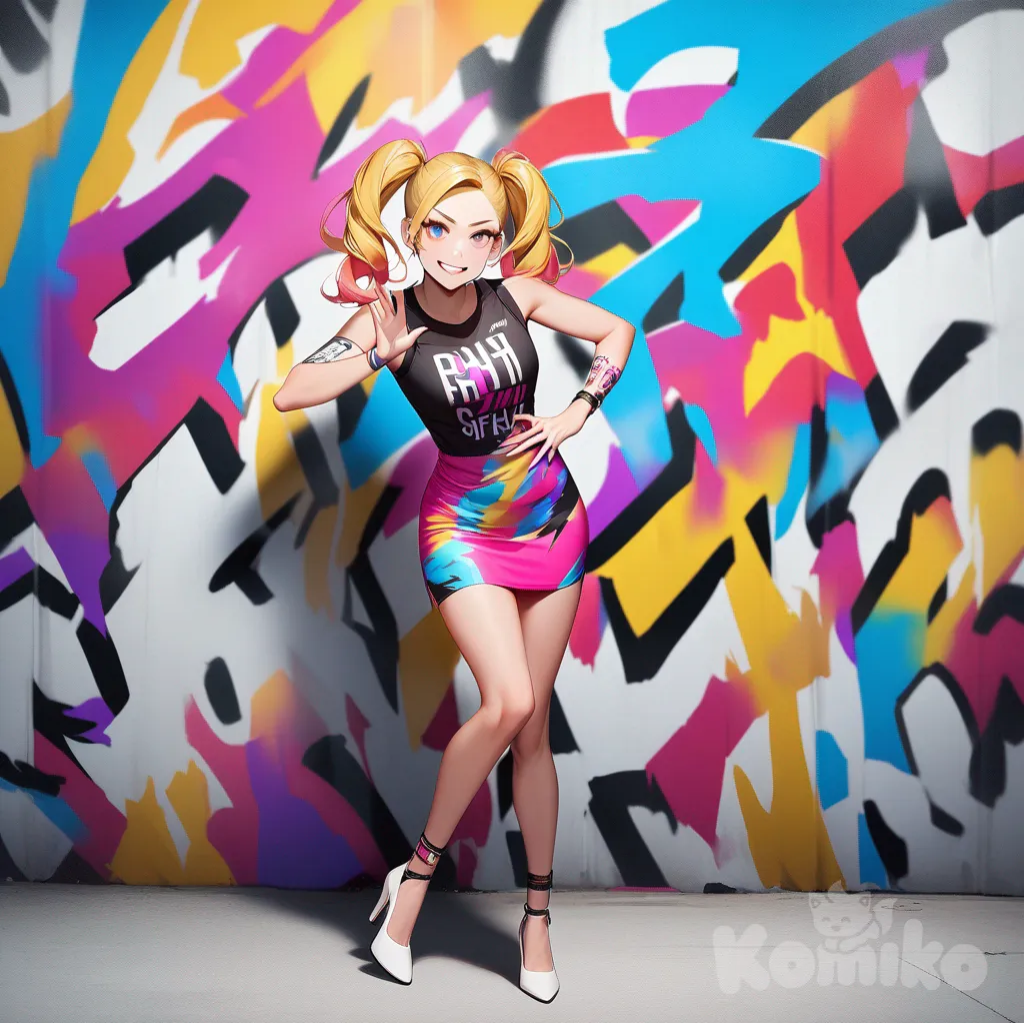 A photograph shows a full-length athletic young woman with long, vibrant blonde hair in pigtails. Her brown eyes radiate confidence with a radiant smile in a vibrant short dress and high heels stands in a bold, edgy pose, her piercing blue eyes and long, glossy hair drawing immediate attention. Against a backdrop of pristine white walls adorned with colorful graffiti reading "Luis Arcy," a vibrant rainbow-colored treble clef lies at her feet, adding whimsical charm. Soft, warm lighting bathes the scene, casting gentle highlights on her features and the graffiti, enhancing the modern, stylish atmosphere of the photograph. The walls are slightly textured, giving the graffiti a lively, three-dimensional quality.