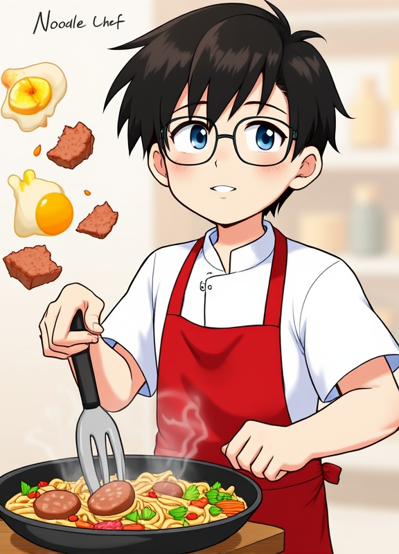 Character 0 is Noodle Chef, description: A young Asian man in his late 20s with short black hair, wearing a white chef's uniform with a red apron. He has a friendly face with round glasses and a small mustache..
Noodle Chef's hands are a blur of motion as he adds ingredients to a sizzling wok. Visible are cracked eggs, diced corned beef, sliced sausages, and colorful vegetables flying through the air. The kitchen background is slightly out of focus, Korean manhwa style, pastel anime, simple minimalistic background, fluid motion, bold outlines, semi-realistic