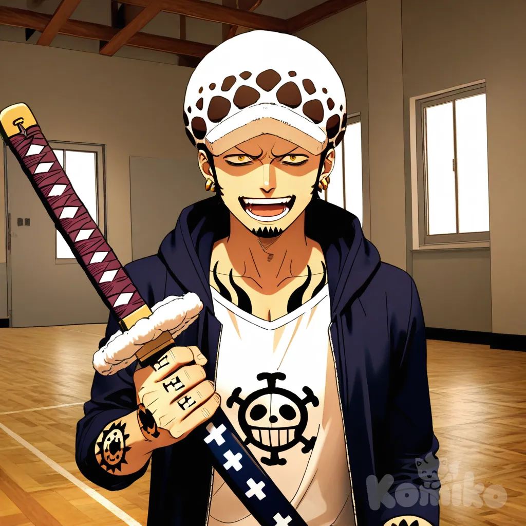 1boy, Trafalgar Law, 3d model, holding sword, laughing, angry, school uniform, upper body, light, gym
