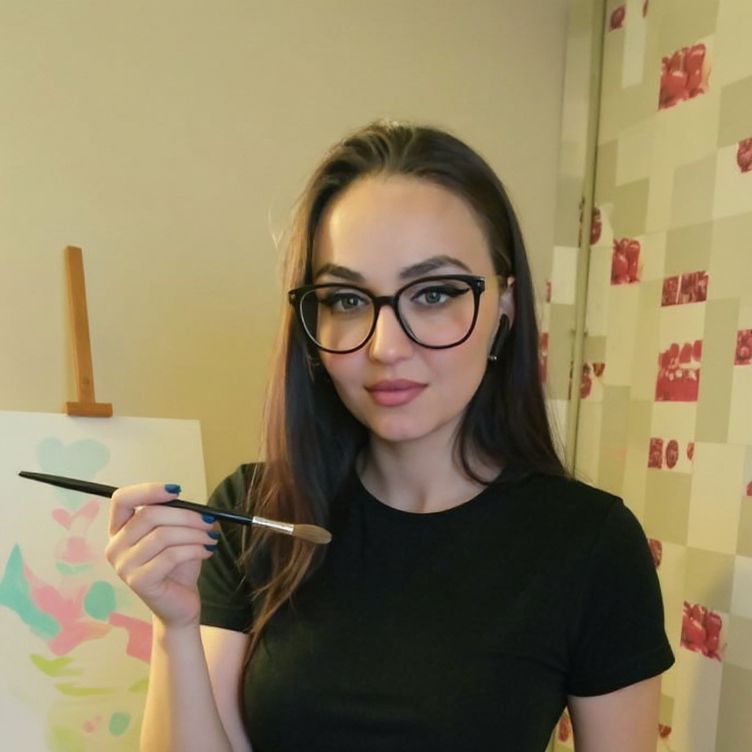 1girl, chibi girl, oversized glasses, holding a paintbrush, cozy art studio, pastel colorsheart hands, full body