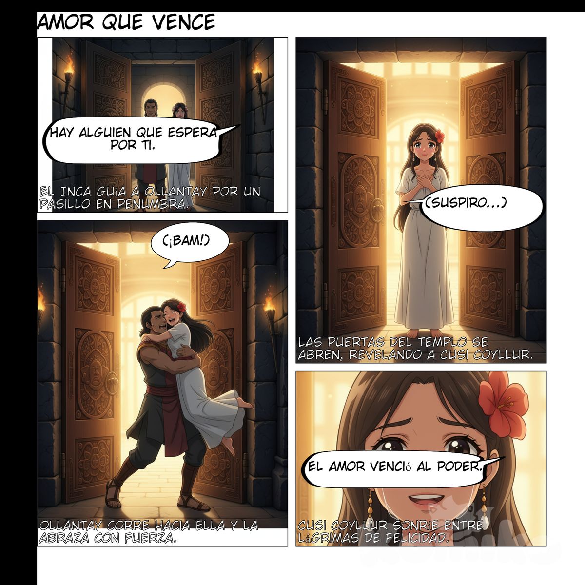 Viñeta 1 (plano general interior):
El Inca conduce a Ollantay por un pasillo de piedra iluminado por antorchas.
Tupac Yupanqui: “Hay alguien que espera por ti.”

Viñeta 2 (plano medio):
Puertas del templo abriéndose. Cusi Coyllur aparece con expresión dulce y lágrimas.
Onomatopeya: suspiro…

Viñeta 3 (plano medio):
Ollantay corre hacia ella y la abraza fuertemente.
Onomatopeya: ¡BAM!

Viñeta 4 (primer plano):
Cusi Coyllur sonríe entre lágrimas.
Cusi Coyllur: “El amor venció al poder.”
