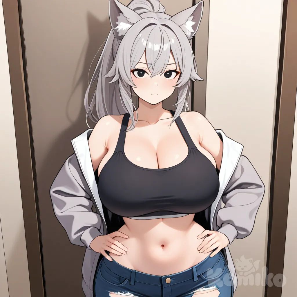 Very long grey hair, high ponytail, black eyes, wolf ears, huge breasts, wide hips, small waist, sports bra, torn jeans, grey jacket, hands on hips