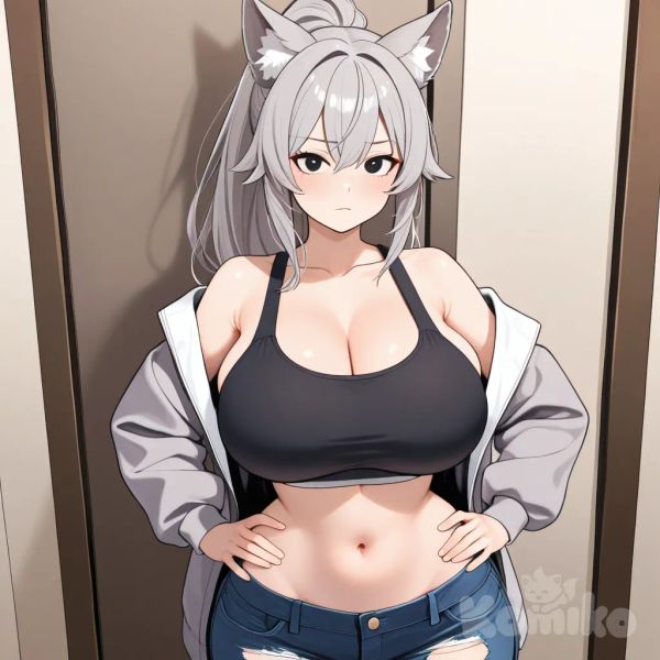 Very long grey hair, high ponytail, black eyes, wolf ears, huge breasts, wide hips, small waist, sports bra, torn jeans, grey jacket, hands on hips
