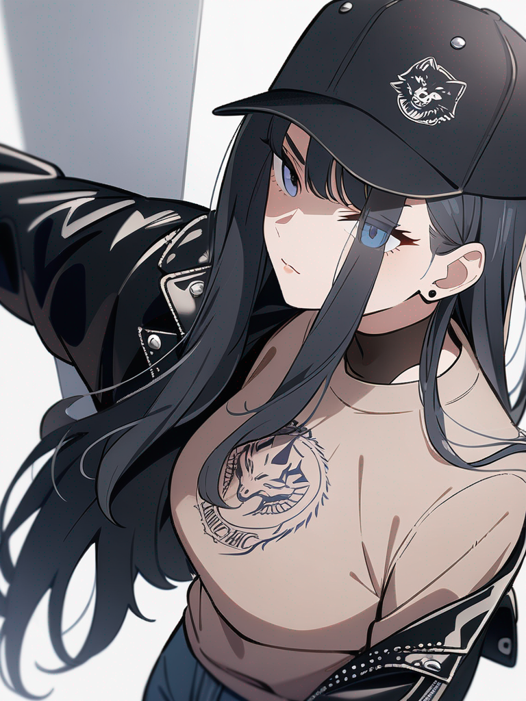1girl, mature, black hair, long blue eyes, scar, tattoo, fair skin, wolf ears, baseball cap, studs, casual pants, leather jacket, long hair, petite, single character, upper body, looking at viewer, anime style, simple background, white background