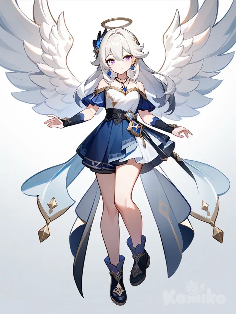 1girl, Genshin Impact style, original character, teenager, slim, white hair, long hair, blue and pink eyes, fair skin, earrings, necklace, hair accessory, angel wings, single character, full body, looking at viewer, anime style, simple background, white background