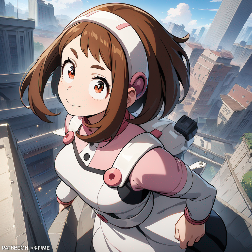 1girl, Ochako Uraraka (My Hero Academia), floating in a vibrant cityscape, anime-style, highly anime art