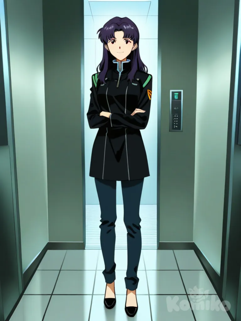 katsuragi misato, neon genesis evangelion, happy, blush, dramatic pose, full body view, dramatic lighting, elevator, anime screencap
