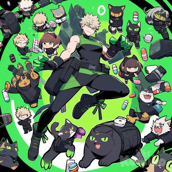 Katsuki Bakugo con el traje de Sakio Toshinory heroína Cat black