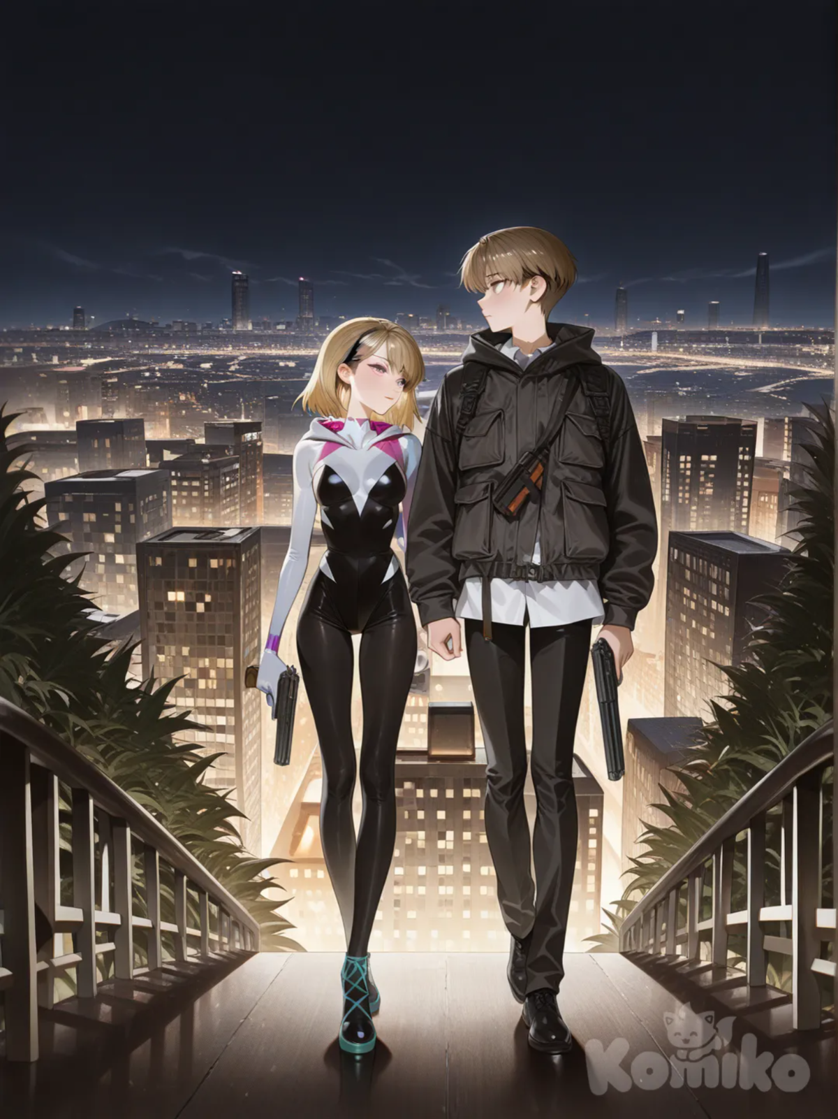 1boy, 1girl, 2people, Gwen Stacy, [high-gloss-illustration-style], holding gun, full body, looking away, city lights, forest
