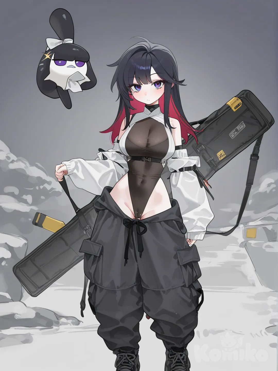 1girl, looking at viewer, solo, highleg leotard, detached sleeves, long hair, black hair, red inner hair, layered clothes, cargo pants, black pants, daytime, blush, purple eyes, see-through cleavage, big weapon case on back, tight on calves