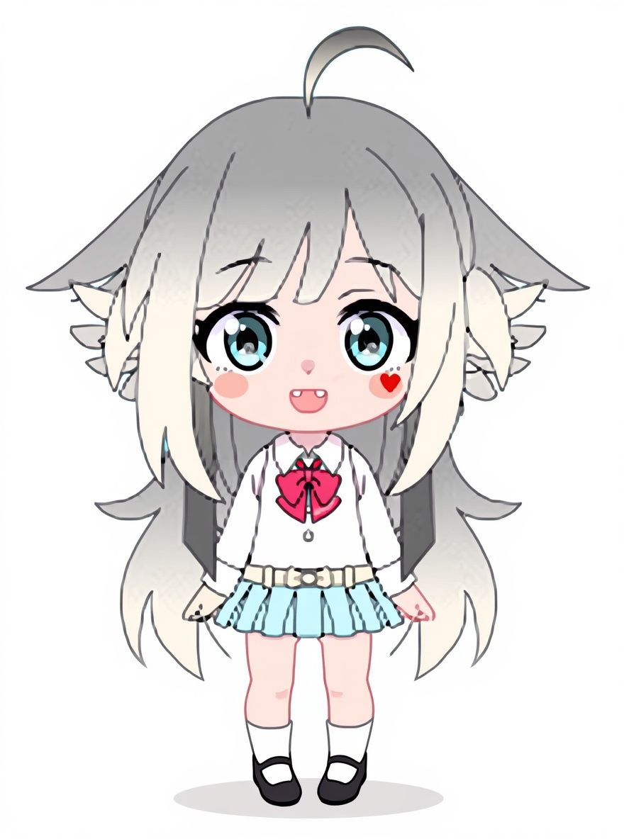 1girl, original character (OC), Gacha Club style, chibi proportions, colorful outfit, playful expression, long hair with bangs, pastel color palette, single character, full body, looking at viewer, anime style, simple background, white background