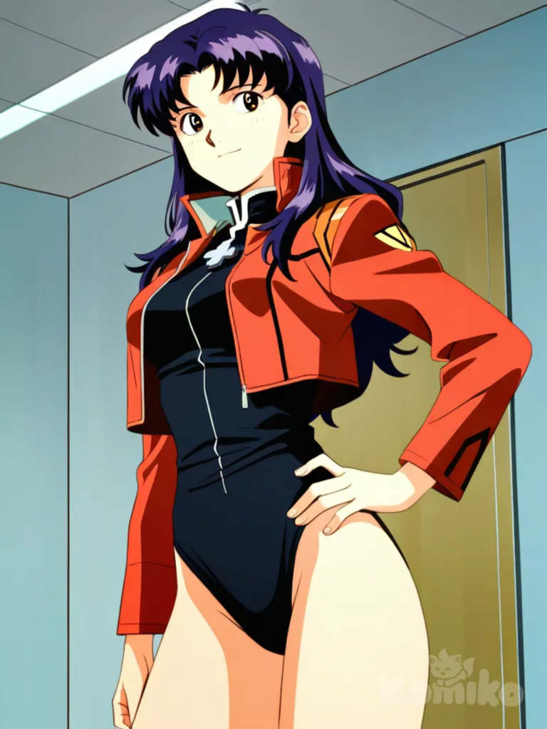 anime screencap, retro artstyle, katsuragi misato, nerve outfit, dramatic pose