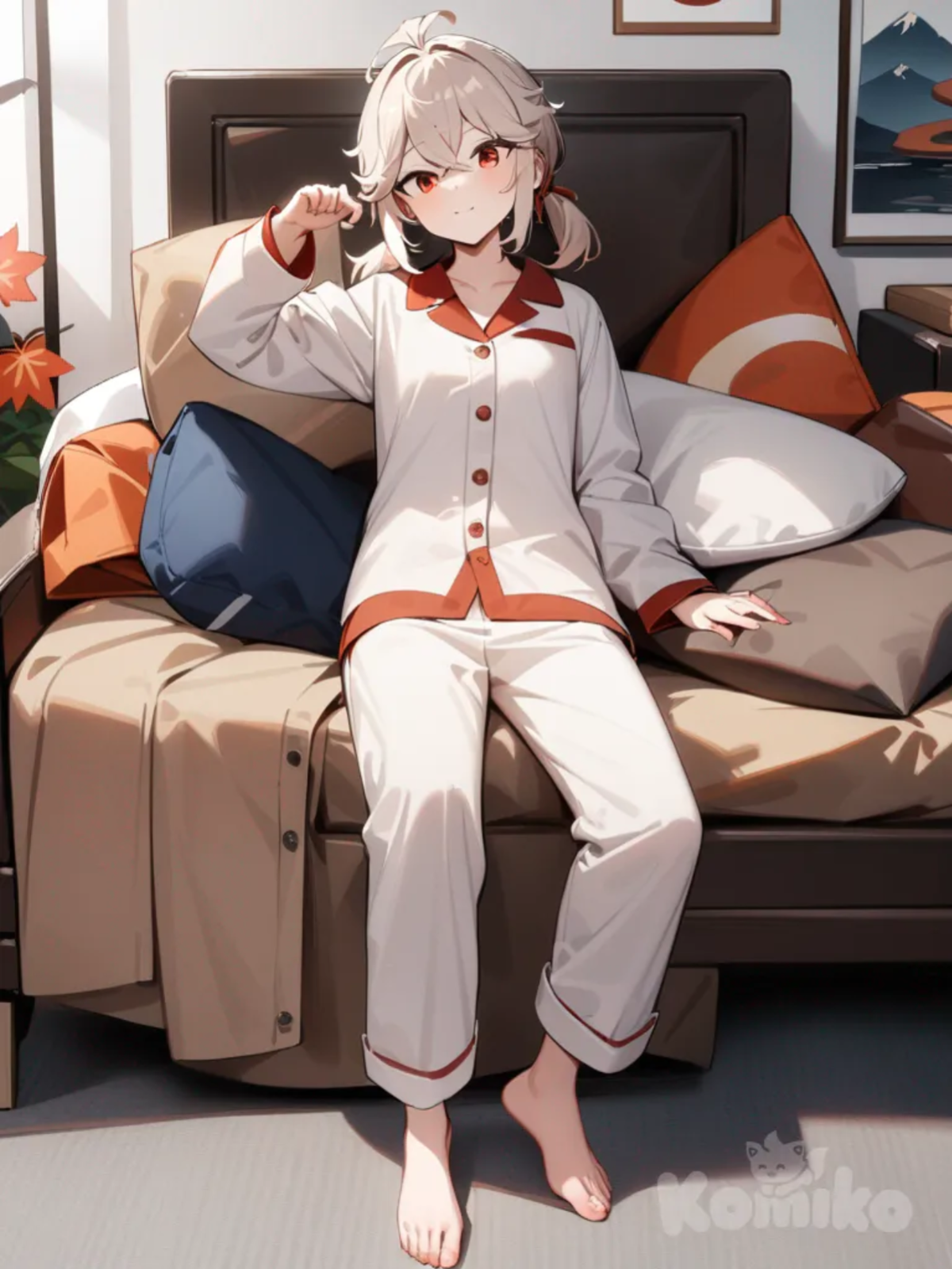 1girl, Kaedehara Kazuha, full body, pajamas