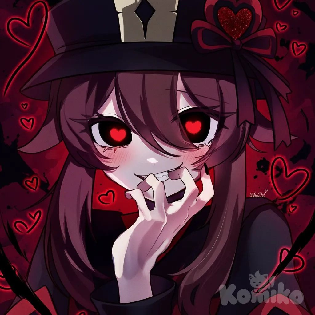 hu tao (genshin impact), An anime-style illustration of Hu Tao, the Genshin Impact character, reimagined as a yandere with a dark and macabre twist. She has long, dark hair (shades of purple or deep black) with reddish highlights, falling messily over her face. She wears her signature funeral director's hat, but with a more intimidating design, adorned with red details such as glittering hearts or dark ribbons. Her eyes are large and expressive, with bright red heart-shaped pupils, displaying a crazed, lovesick, and possessive gaze, with a slight psychotic glow. Her smile is wide and characteristic of Hu Tao, but crooked and menacing, with a hint of madness, slightly revealing her teeth. Her cheeks have an exaggerated pink blush that highlights her obsessive expression. She wears her typical outfit, but with a darker, more worn-out style, with bold red accents on her clothing (such as borders, details, or a red background).