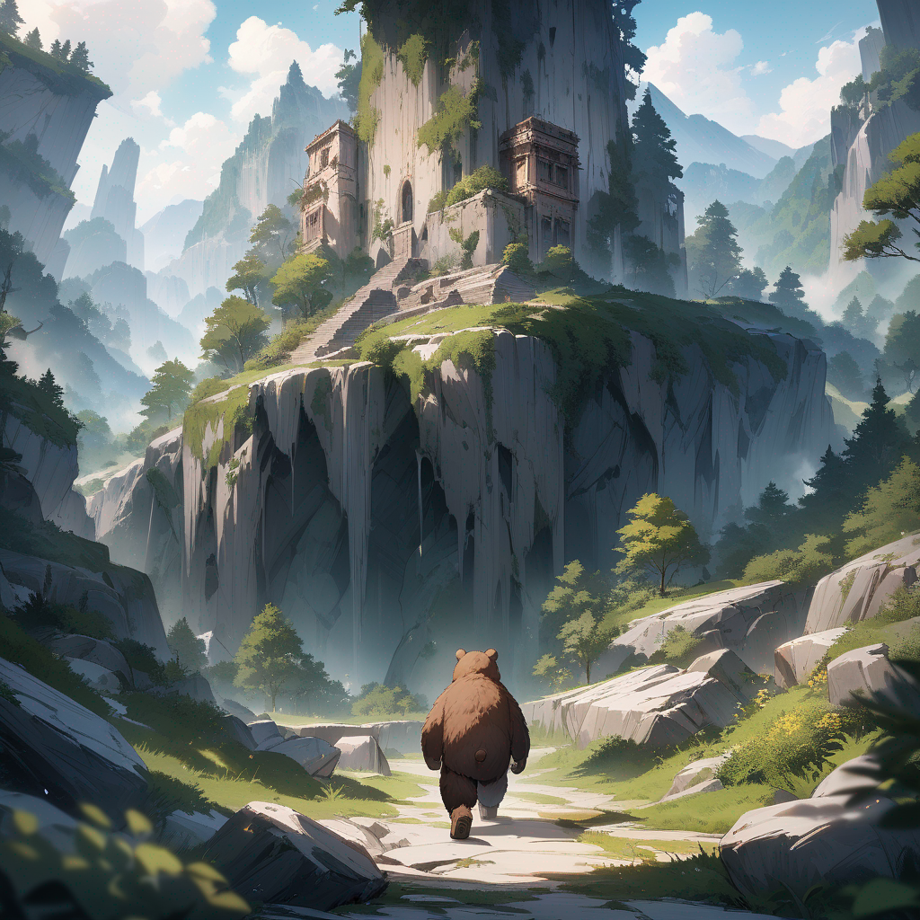 (A large, brown bear with intelligent eyes. His fur is thick and wild. He walks upright at times, showing curiosity. The forest is his home, but he’s fascinated by distant city ruins seen beyond the mountains.)