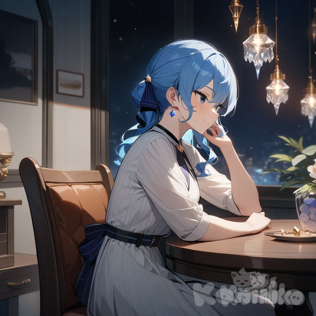 1girl,solo,from front,Hoshimachi suisei,upper body,at midnight,white dress,smile,sitting in a chair,Crystal earrings,There is a table next to the chair, and some small items are placed on the table.