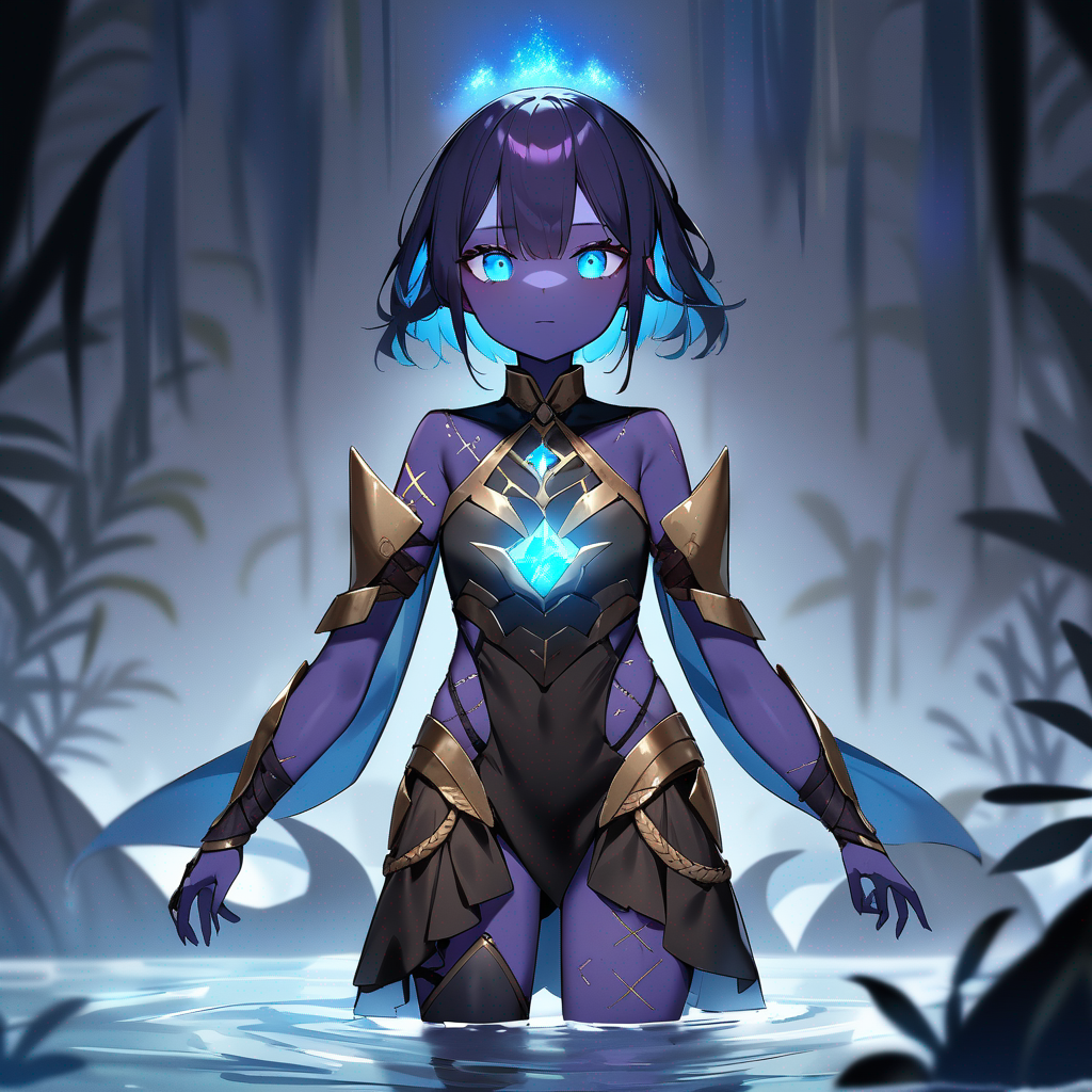 Kirell is small, lithe, and nearly invisible in dim water. Her dark purple skin has an oily shimmer, and her eyes are pure black with a thin ring of glowing blue. Her armor is a patchwork of eel leather and stealth-coral, designed to absorb sound. She has tattooed glowing runes along her arms that fade or brighten depending on the surrounding light.

Personality:
Witty and cynical, Kirell doesn’t trust easily, but once she forms a bond, she’s fiercely protective. She sees herself as a ghost of the sea — not quite alive, not quite dead.