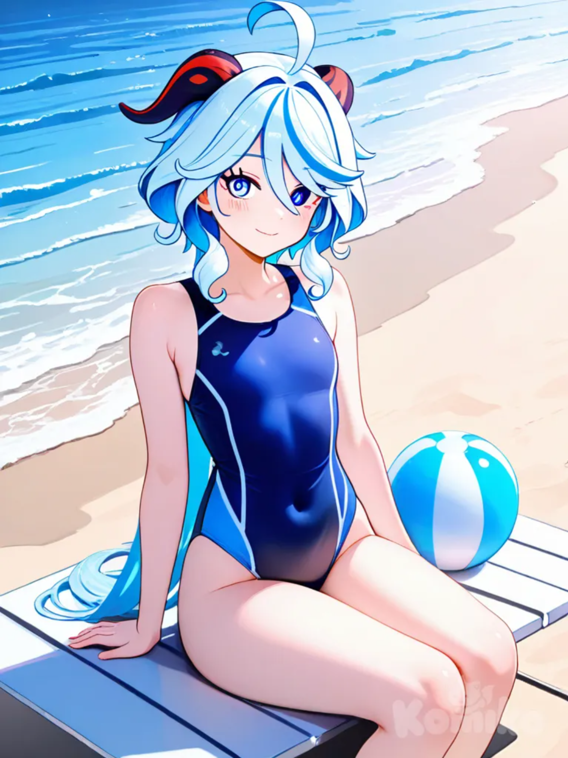 1girl, Ganyu (Genshin Impact), Furina (Genshin Impact), bathing suit, beach, beachball